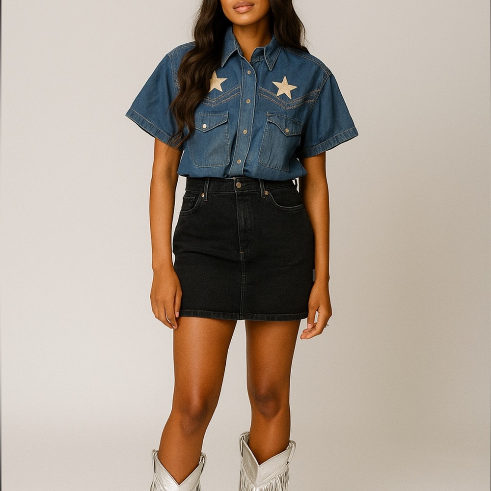 Denim button down Western Shirt with silver embroidered stars